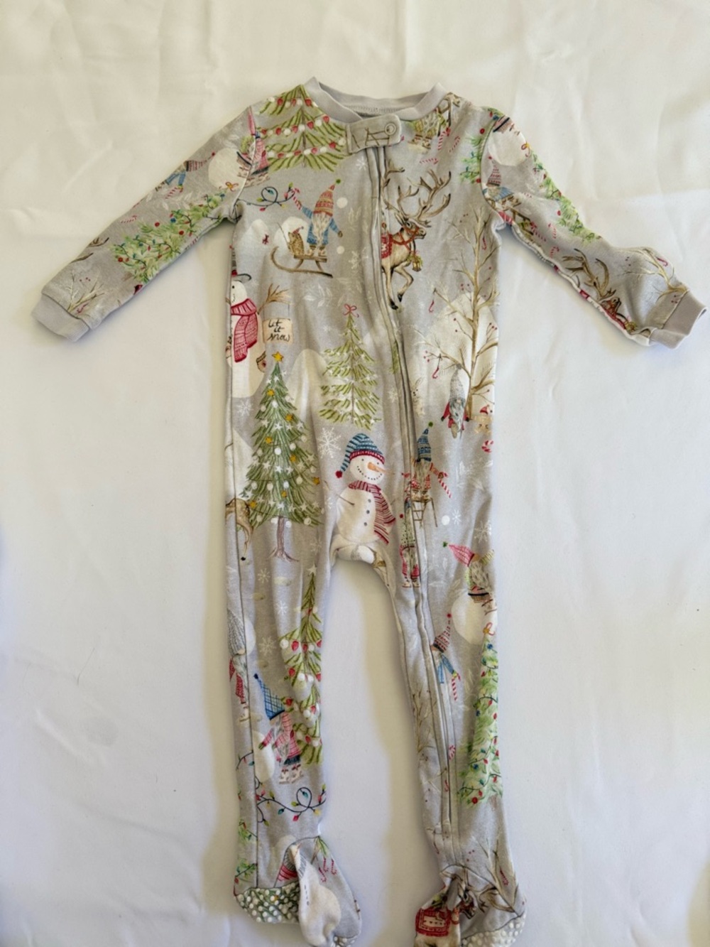 Pottery Barn Light Gray Holiday Tree & Snowman Christmas Footed One-Piece 12-18M
